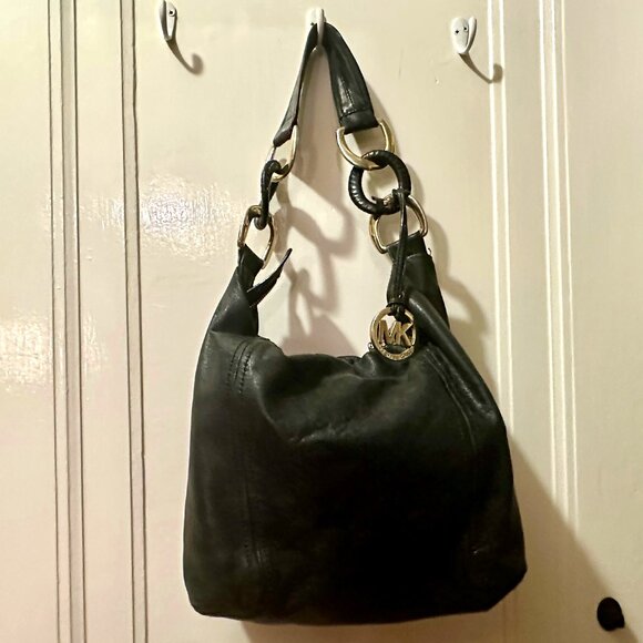 Michael Kors Black Leather Shoulder Purse with Gold Strap Links and Gold Pendant - Picture 1 of 16